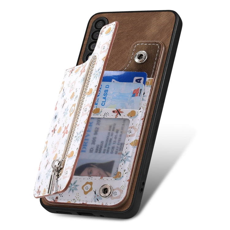 Samsung Galaxy A04e Retro Painted Zipper Wallet Case showcasing its stylish design and functional features.